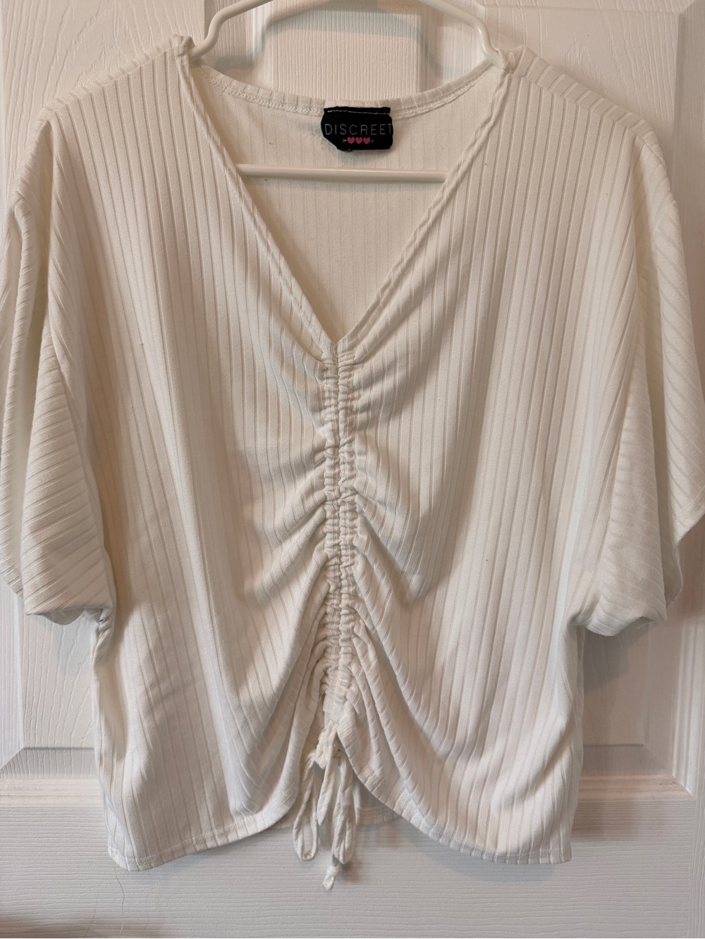 Discreet Cream Ribbed Ruched V-Neck Crop Top